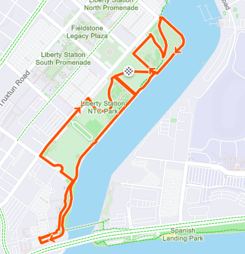 Course map for the N.R.G. San Diego 5K — a loop through NTC Park and along the Liberty Station waterfront, starting and finishing at NTC Park.
